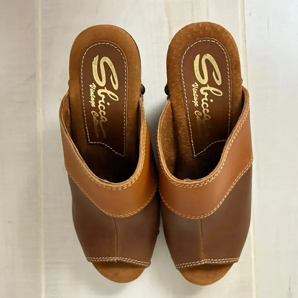 Sbicca Vintage Collection Leather Platform Clogs Studded Brown Slip-On 39(8.5)